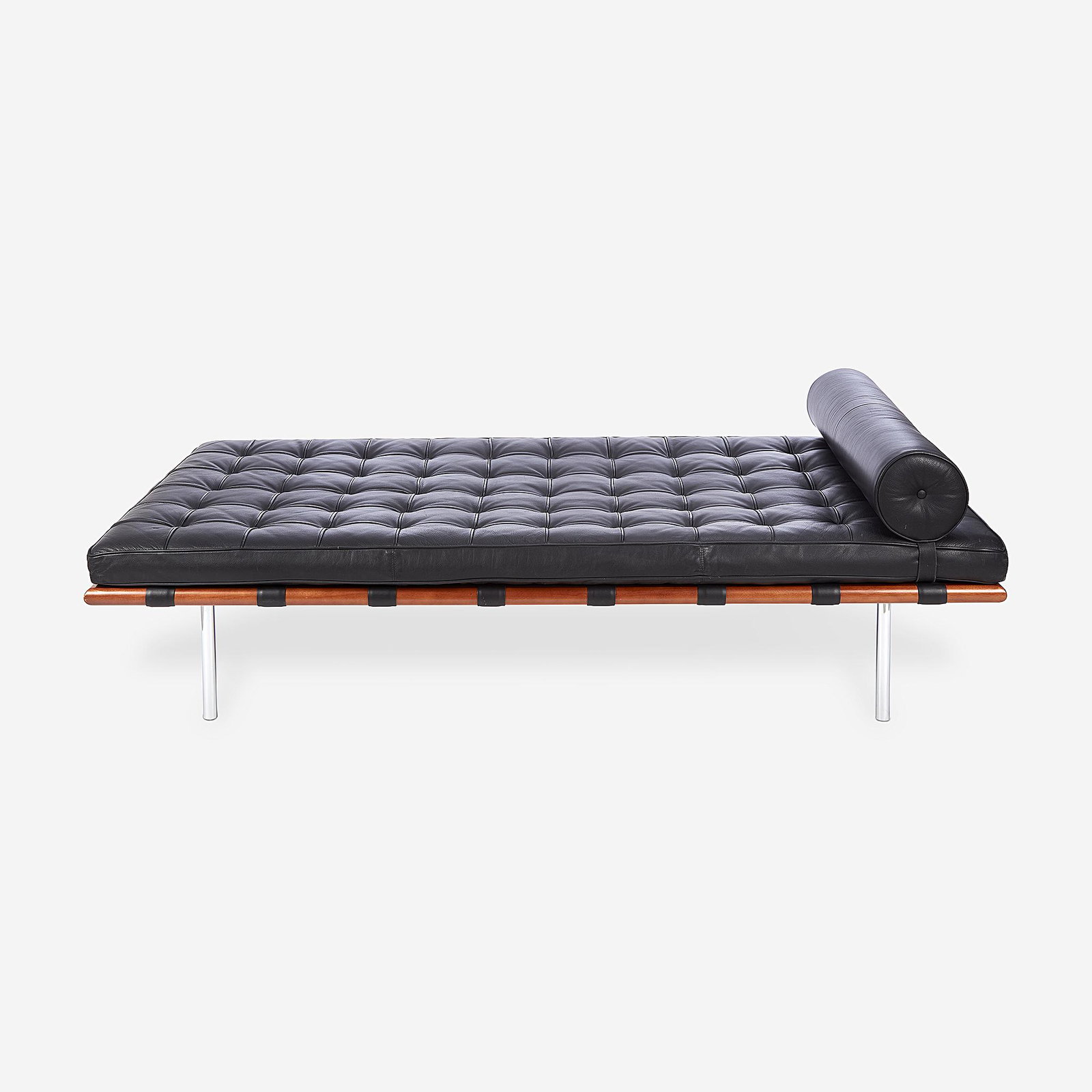 After Ludwig Mies van der Rohe (American, b. Germany,: After Ludwig Mies van der Rohe (American, b. Germany, 1886-1969) "Barcelona" Style Daybed, circa 1970s Leather, chromed steel, wood Unmarked. H: 17 1/2, L: 77, W: 38 in.