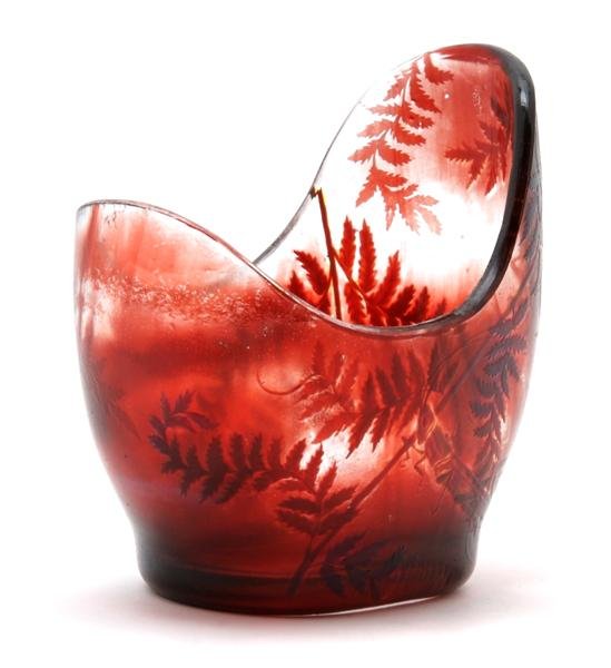 A Galle Cameo Glass Vase, Height 5 1/2 inches.: A Galle Cameo Glass Vase, of irregular form, with fern decoration, signed on base in cameo with butterfly, E. Galle. Height 5 1/2 inches. Patricia J. Gottschalk Trust, Northfield, Illinois