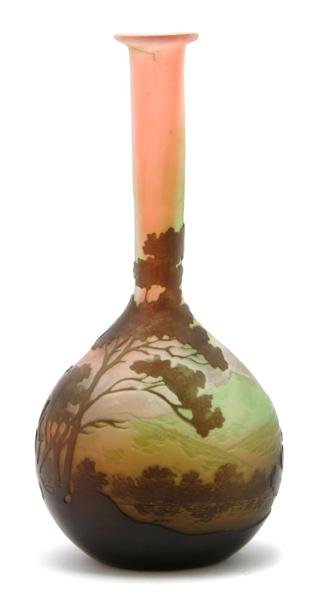 A Galle Cameo Glass Vase, Height 6 3/4 inches.: A Galle Cameo Glass Vase, of bottle form, decorated with a mountain landscape, signed in cameo. Height 6 3/4 inches. Patricia J. Gottschalk Trust, Northfield, Illinois