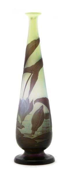 A Galle Cameo Glass Vase, Height 9 1/8 inches.: A Galle Cameo Glass Vase, of tapering bottle form, decorated with lily pads, signed in cameo. Height 9 1/8 inches. Patricia J. Gottschalk Trust, Northfield, Illinois