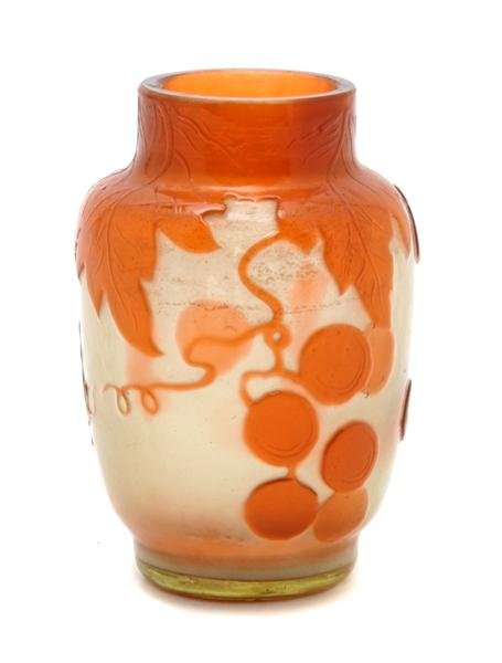 A Galle Cameo Glass Fire Polished Vase, Height 3 in: A Galle Cameo Glass Fire Polished Vase, decorated with berry laden branches, signed in cameo. Height 3 inches. Patricia J. Gottschalk Trust, Northfield, Illinois