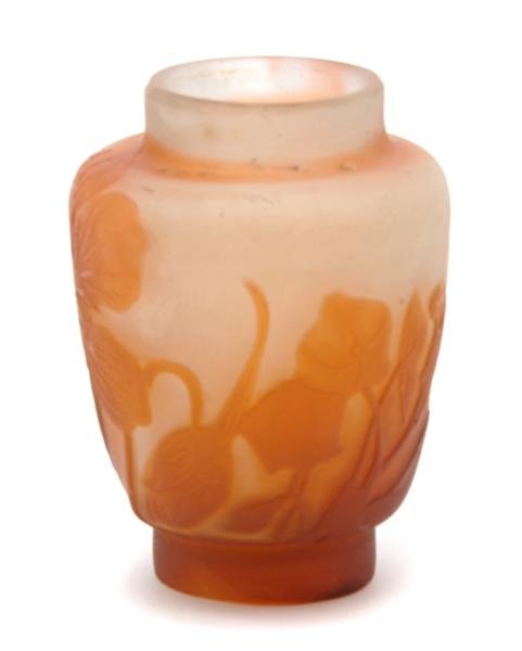 A Galle Cameo Glass Vase, Height 3 1/8 inches.: A Galle Cameo Glass Vase, decorated with flowers, signed in cameo. Height 3 1/8 inches. Patricia J. Gottschalk Trust, Northfield, Illinois