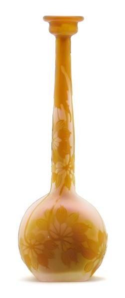 A Galle Cameo Glass Vase, Height 7 7/8 inches.: A Galle Cameo Glass Vase, of bottle form, decorated with leafy branches, signed in cameo. Height 7 7/8 inches. Patricia J. Gottschalk Trust, Northfield, Illinois