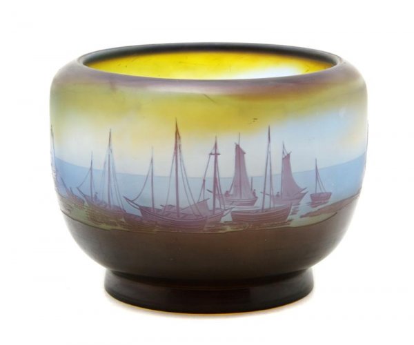 A Galle Cameo Glass Vase, Height 5 1/2 x diameter 7: A Galle Cameo Glass Vase, of circular form, decorated with a continuous scene of boats, signed in cameo. Height 5 1/2 x diameter 7 1/2 inches. Patricia J. Gottschalk Trust, Northfield, Illinois