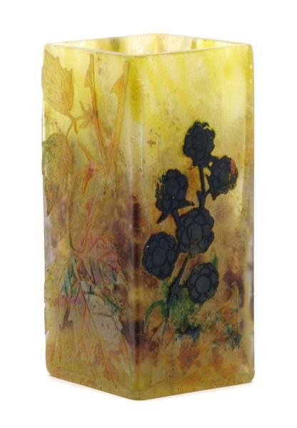 A Daum Cameo and Enameled Glass Cabinet Vase, Heigh: A Daum Cameo and Enameled Glass Cabinet Vase, of square form, decorated with raspberries, signed Daum Nancy with the Cross of Lorraine. Height 4 1/2 inches. Patricia J. Gottschalk Trust, Northfield, I