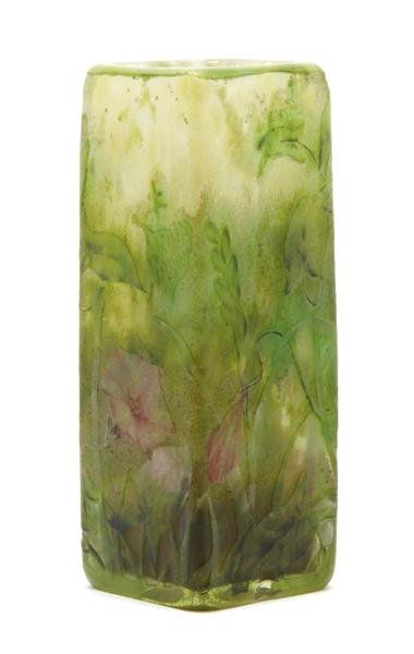 A Daum Cameo and Enameled Glass Cabinet Vase, Heigh: A Daum Cameo and Enameled Glass Cabinet Vase, of square form, signed Daum Nancy with the Cross of Lorraine. Height 3 3/4 inches. Patricia J. Gottschalk Trust, Northfield, Illinois