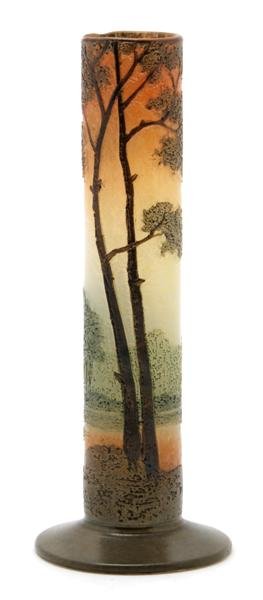 A Legras Cameo Glass Cabinet Stick Vase, Height 5 3: A Legras Cameo Glass Cabinet Stick Vase, having landscape decoration over a circular foot, signed in cameo. Height 5 3/4 inches. Patricia J. Gottschalk Trust, Northfield, Illinois