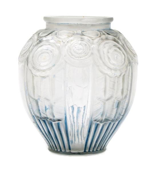 An André Hunebelle Art Deco Glass Vase, Height 6 1/: An André Hunebelle Art Deco Glass Vase, of ovoid form, decorated with flowers at the shoulder, impressed A Hunebelle, further impressed Made in France. Height 6 1/4 inches. Sold by the Haggerty Museu