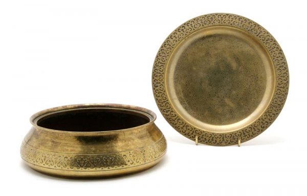 A Group of Two Tiffany Studios Bronze Articles, Dia: A Group of Two Tiffany Studios Bronze Articles, comprising a jardiniere and a tray, each stamped Tiffany Studios New York, the jardiniere having geometric low band decoration and stamped 1727 and the 