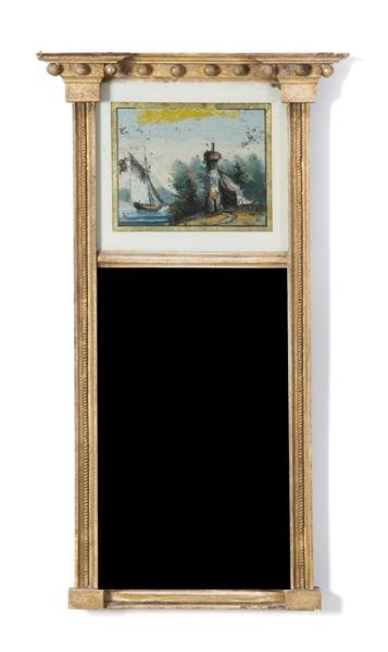 A Federal Giltwood Mirror, Height 29 x width 16 in: A Federal Giltwood Mirror, of block front form, the stepped cornice with spherical decoration over an eglomise panel depicting a boat and light house above the rectangular plate. Height 29 x width 16 