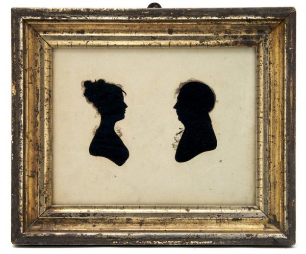 A Silhouette, Williams, Height 6 1/8 x width 8 inc: A Silhouette, Williams, of a lady and gentleman facing one another, with silk backing set in a rectangular giltwood frame. Height 6 1/8 x width 8 inches. Property from the Estate of Fred J. Funk, Jr.,