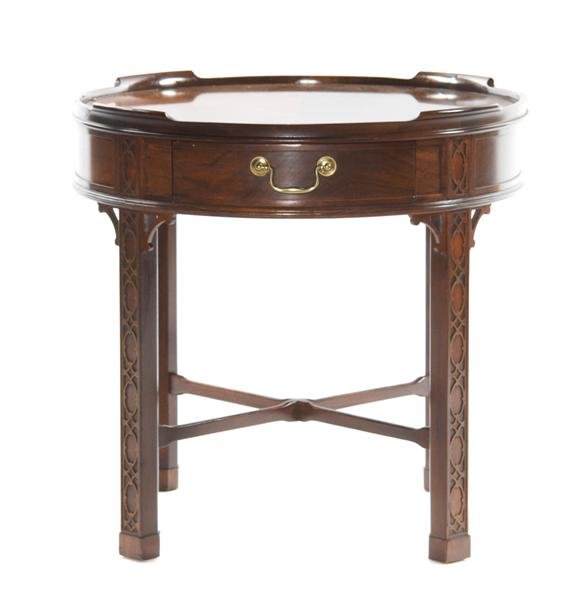 An American Mahogany Chippendale Style Occasional : An American Mahogany Chippendale Style Occasional Table, Baker, having drum form top with single drawer, raised on four chamfered legs with exterior lattice decoration, joined by X-form stretcher. Hei