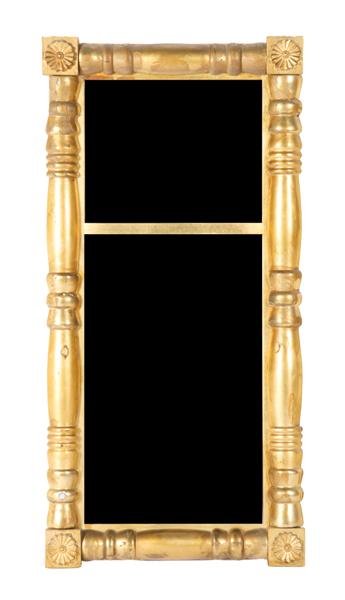 A Victorian Diminutive Giltwood Pier Mirror, Heigh: A Victorian Diminutive Giltwood Pier Mirror, the two section plate flanked by columns and having carved floral decoration to corners. Height 29 x width 14 1/8 inches.