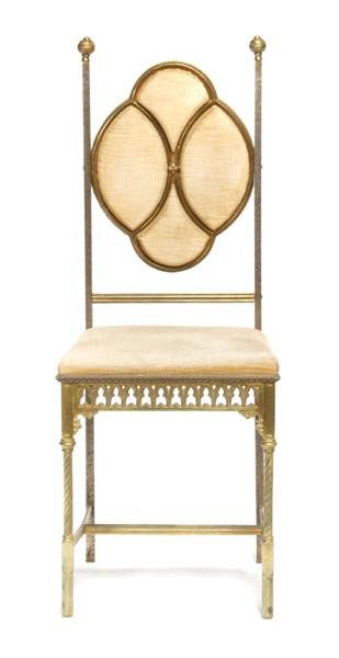 A Gothic Revival Steel and Brass Side Chair, Heigh: A Gothic Revival Steel and Brass Side Chair, having upholstered swing back and trapezoidal seat. Height 37 1/4 inches. Property from the Estate of Mr. Melvin Bullard, Chicago, Illinois