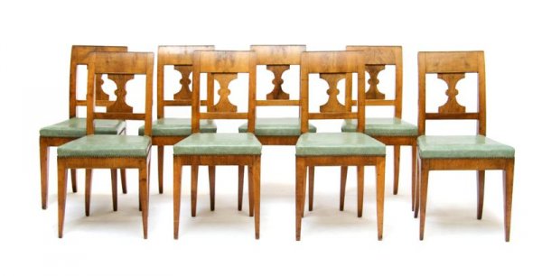 A Set of Eight Biedermeier Fruitwood Side Chairs, : A Set of Eight Biedermeier Fruitwood Side Chairs, with vasiform backsplat. Height 35 1/2 inches. Property from the Estate of Leon and Marian Despres, Chicago, Illinois