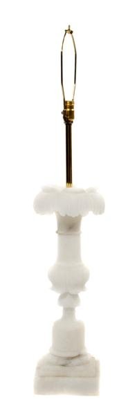 An Alabaster Table Lamp, Height overall 40 3/4 inc: An Alabaster Table Lamp, having acanthus leaf decoration, supported on a plinth base. Height overall 40 3/4 inches.