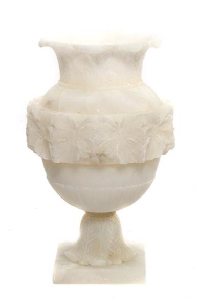 An Alabaster Illuminated Urn, Height 21 inches.: An Alabaster Illuminated Urn, having a foliate flared rim followed by acanthus leaf decoration, further decorated with leaf and grape cluster motif, mounted on a plinth base. Height 21 inches.