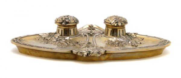A French Silvered Bronze Encrier, Guénardeau, Widt: A French Silvered Bronze Encrier, Guénardeau, the shaped form with two inkpots, having berry laden leafy branch decoration, signed, also marked 'Susse Fs. Ed.,' with foundry stamp. Width 13 3/4 inche