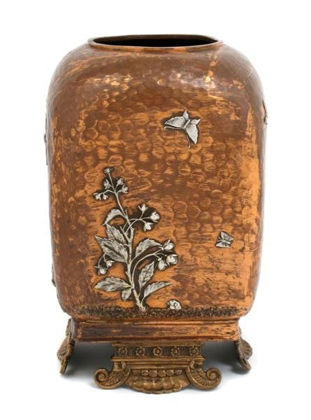 An American Mixed Metals Vase, Gorham, Height 10 i: An American Mixed Metals Vase, Gorham, circa 1883, pattern Y91, of rectangular form with rounded corners, with allover hammered texture, applied in relief with copper and silver fruiting plants, birds