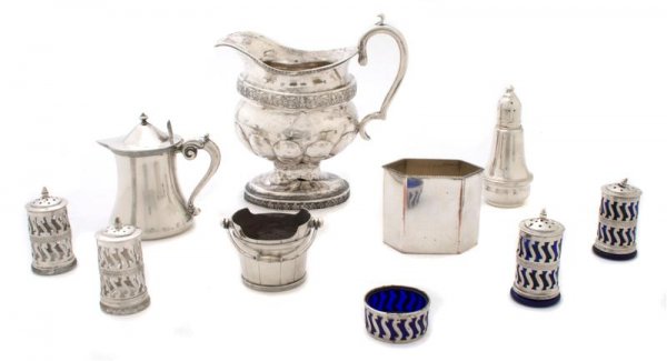 A Collection of American Silver Articles, Height o: A Collection of American Silver Articles, comprising a Gale & Stickler coin silver creamer, a Watson covered creamer, five casters, a pail, an elongated hexagonal sugar and an open salt. Height of fir