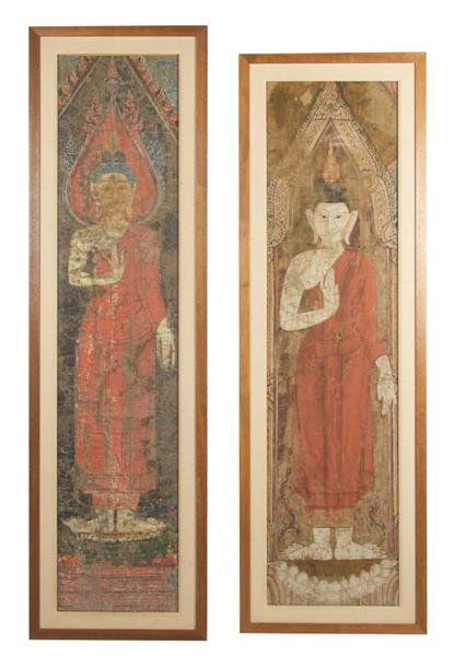 A Group of Two Chinese Paintings on Fabric, Height: A Group of Two Chinese Paintings on Fabric, having polychrome decoration throughout, each depicting a figure in a standing pose with one hand raised on a lotus base, framed. Height of tallest framed 5