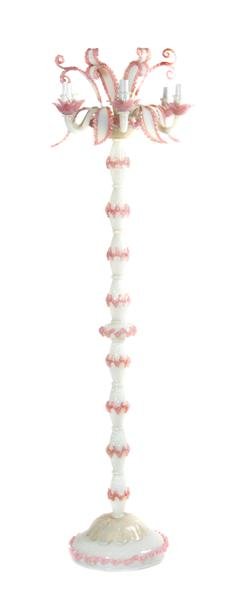 A Venetian Glass Light Fixture, Height overall 76: A Venetian Glass Light Fixture, the baluster form standard of opaque iridescent glass, issuing scrolling leaf form arms, the whole raised on a circular foot and having applied pink and gold decoration