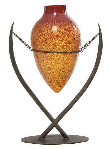 A Glass Vase, Duncan McClellan, Height of vase 20: A Glass Vase, Duncan McClellan, the glass amphora vase on metal stand. Height of vase 20 inches, height overall 31 inches.