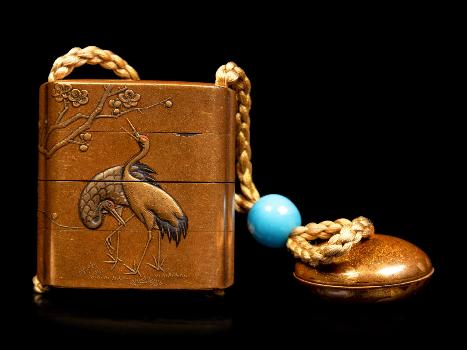 A Small Gold Lacquer Three-Case Inro: A Small Gold Lacquer Three-Case Inro By THE KIJIKAWA FAMILY, EDO PERIOD, 19TH CENTURY 銘「梶川」19世紀 with a kinji ground, lacquered on both sides in gold ta