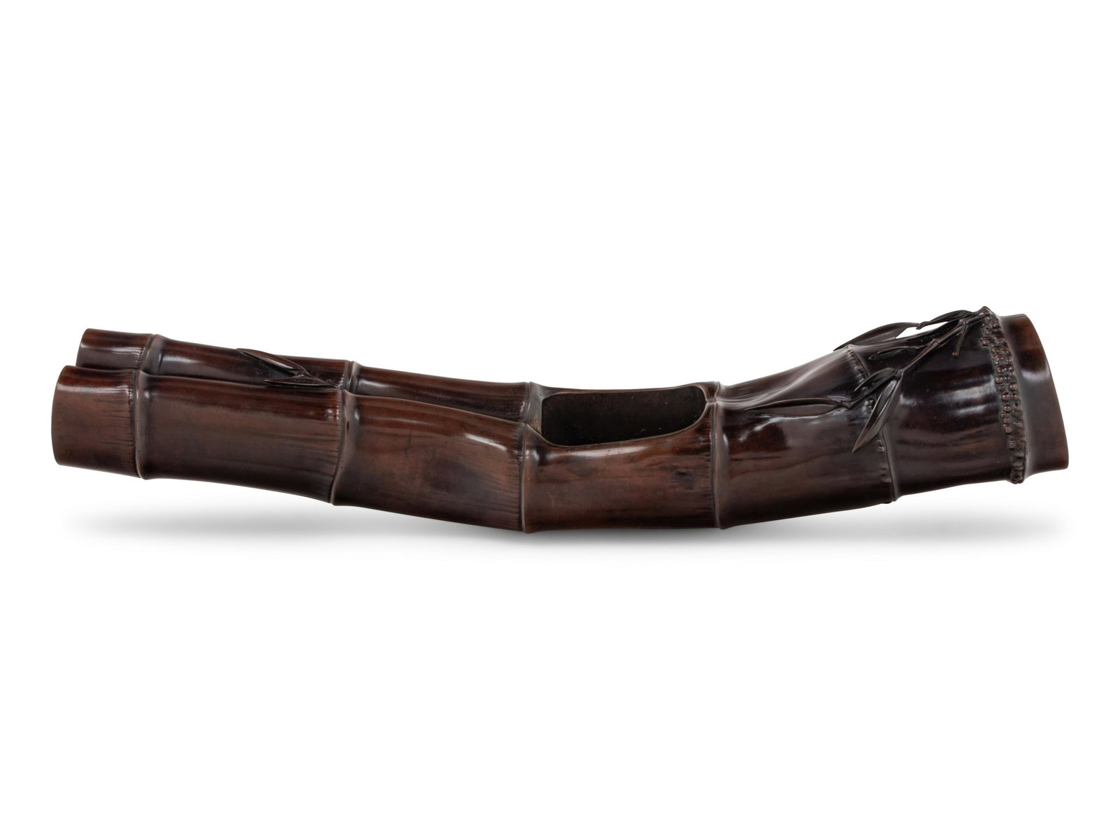 A Bronze Bamboo-Form Flower Vase: A Bronze Bamboo-Form Flower Vase EDO PERIOD, 18TH/19TH CENTURY cast in the shape of a bamboo section with a rounded rectangular opening to the center, bearing a two-character maker's mark, 如