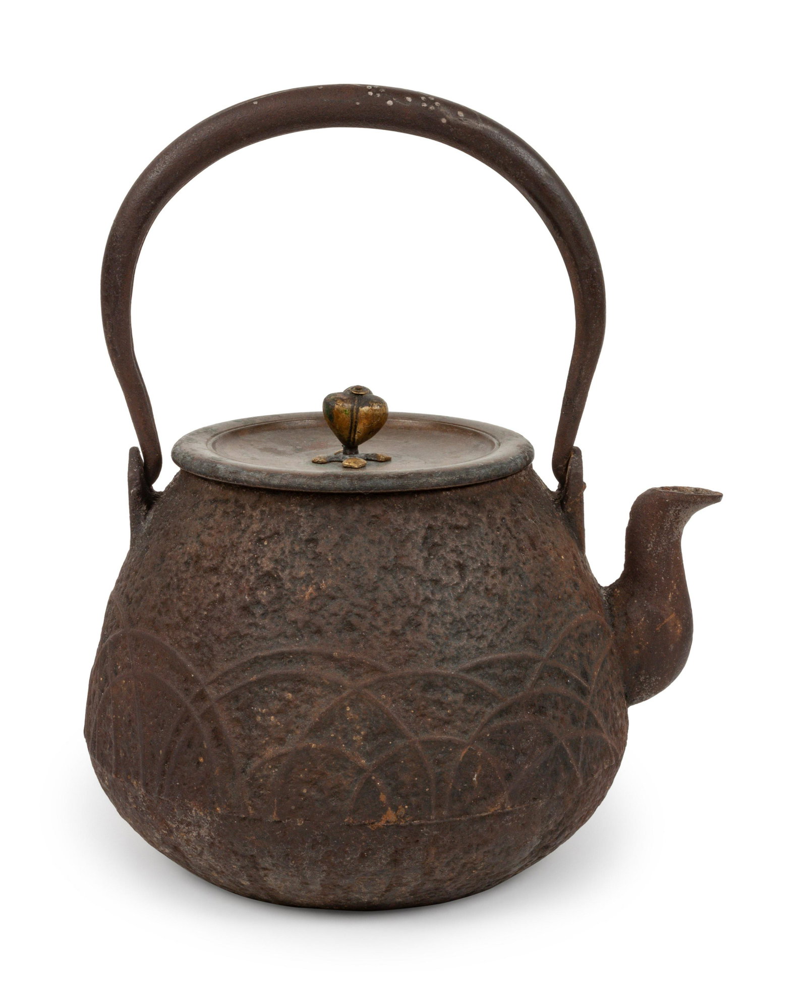 A Tetsubin: A Tetsubin 19TH CENTURY, BY RYUBUNDO 龍文堂 cast in iron, of tapering globular form, the exterior cast in shallow relief showing tall grass, signed Ryubundo zo . Height 9 in., 22.9 c