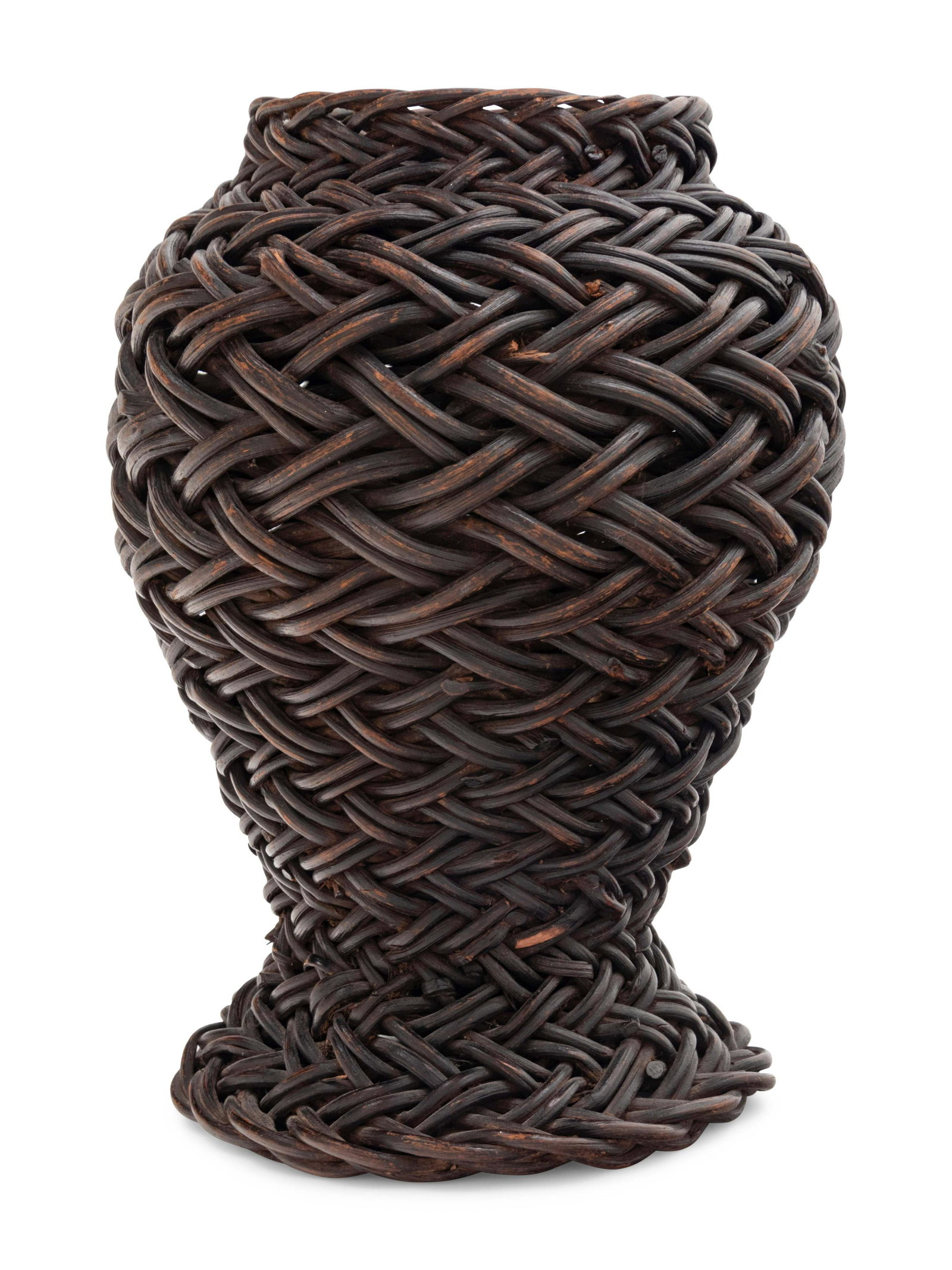 A Bamboo Flower Arranging Basket: A Bamboo Flower Arranging Basket in the form of a baluster vase, with tapering walls resting on a spreading feet, the broad shoulders surmounted by a short neck. Height 8 in., 20.3 cm. Property from a
