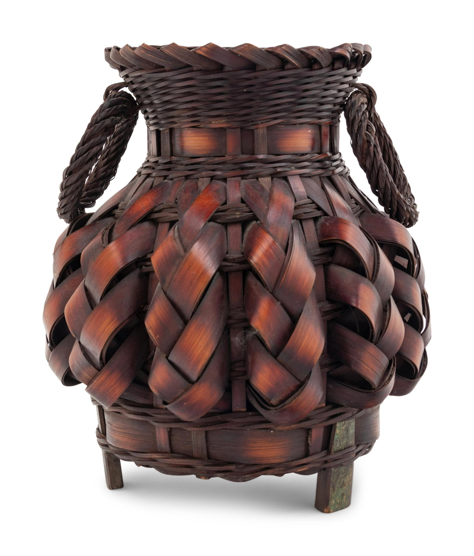 A Bamboo Flowering Basket: A Bamboo Flowering Basket EARLY MEIJI PERIOD the bulbous body rising to a recessed neck and a slightly flared mouth, set with a pair of ring-form handles. Height 8 in., 20.3 cm. Property from a Privat