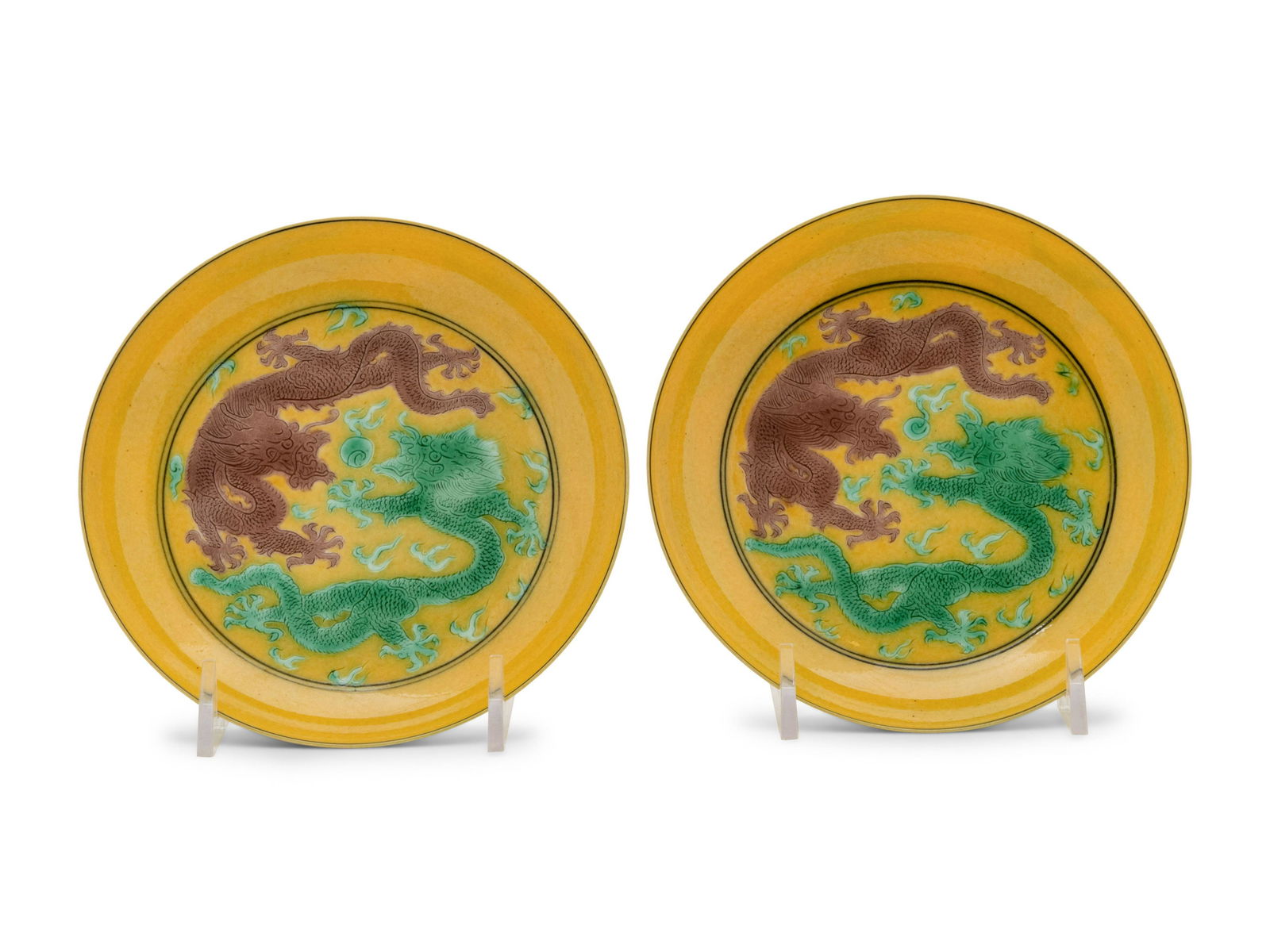 A Pair of Yellow Ground Porcelain 'Dragon' Dishes (1 of 3)