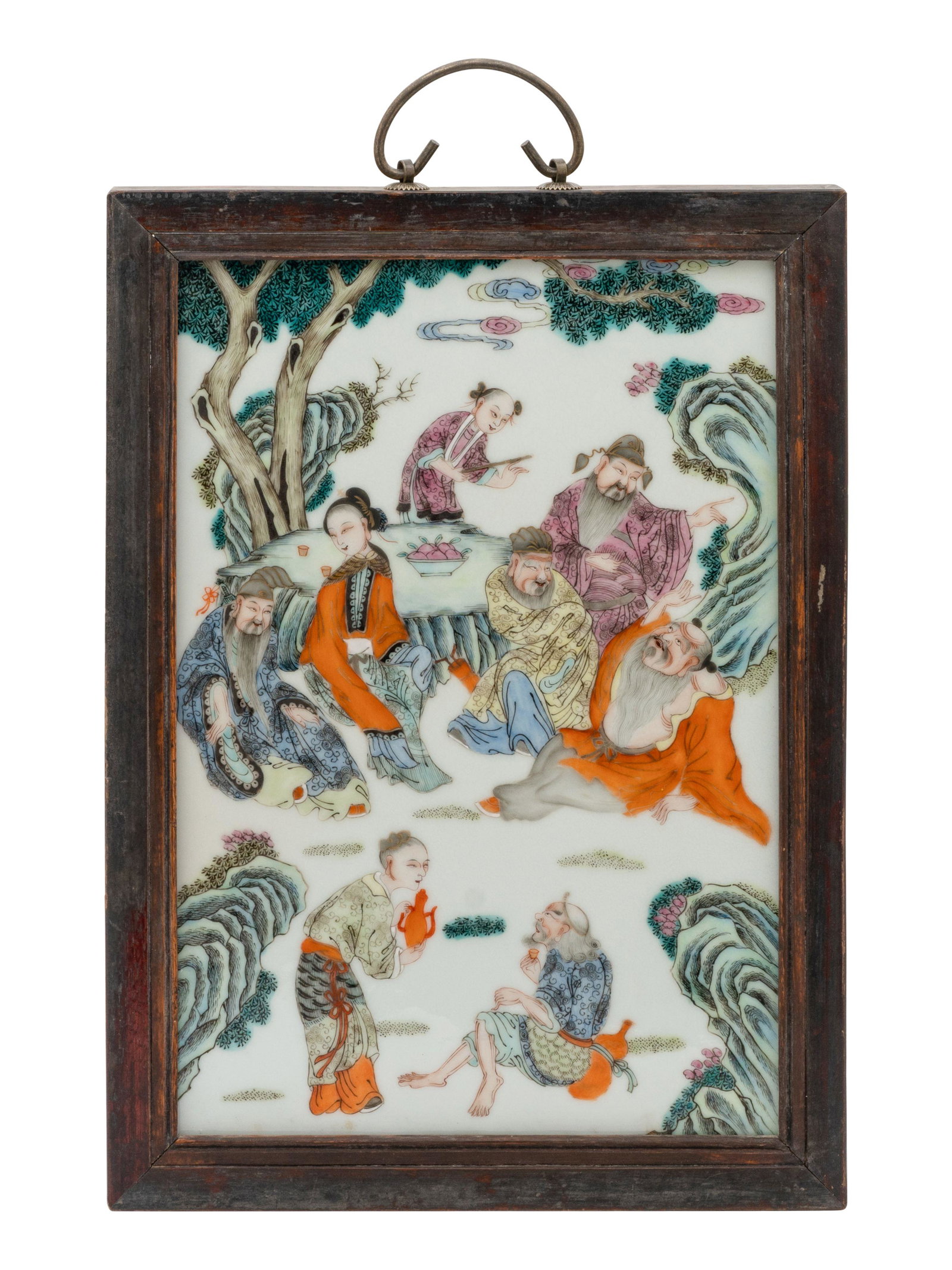A Chinese Famille Rose Porcelain Hanging Screen: A Chinese Famille Rose Porcelain Hanging Screen the porcelain plaque set within hardwood frame, depicted a gathering scene of the eight immortals. Height of image: 13 3/4 x Width 9 1/4 in., 34.9 x 23.