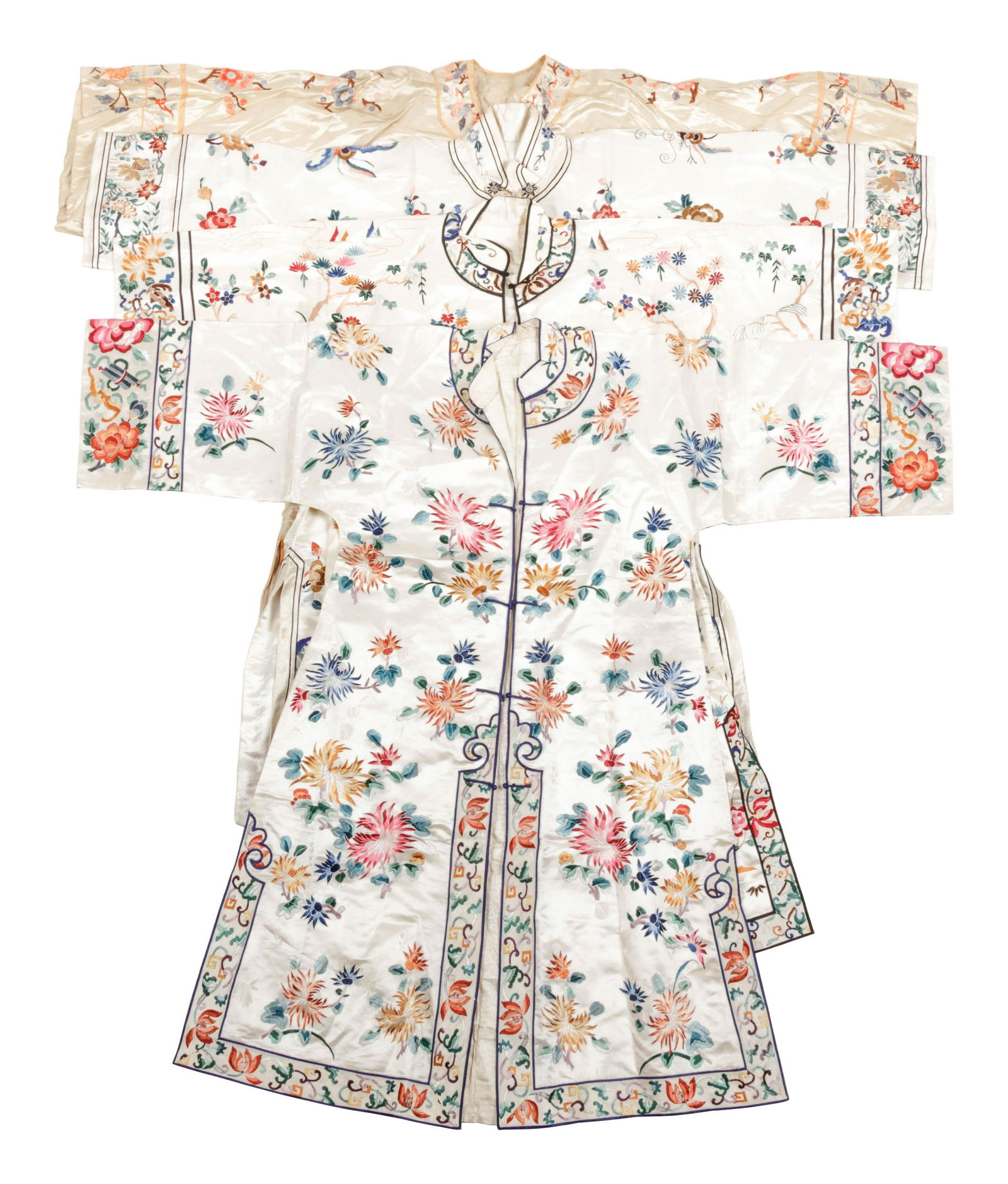 Four Chinese Cream Ground Embroidered Silk Ladies' (1 of 5)