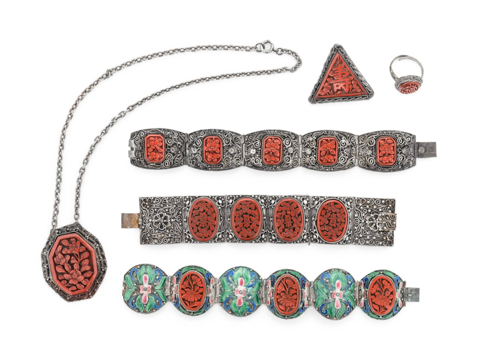 Six Chinese Carved Red Lacquer Inset Metal Jewelry (1 of 3)