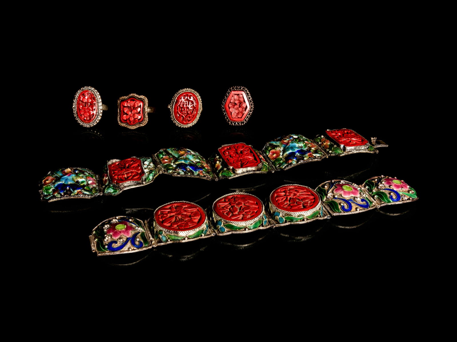 Six Chinese Red Lacquer Inset Metal Jewelry (1 of 5)