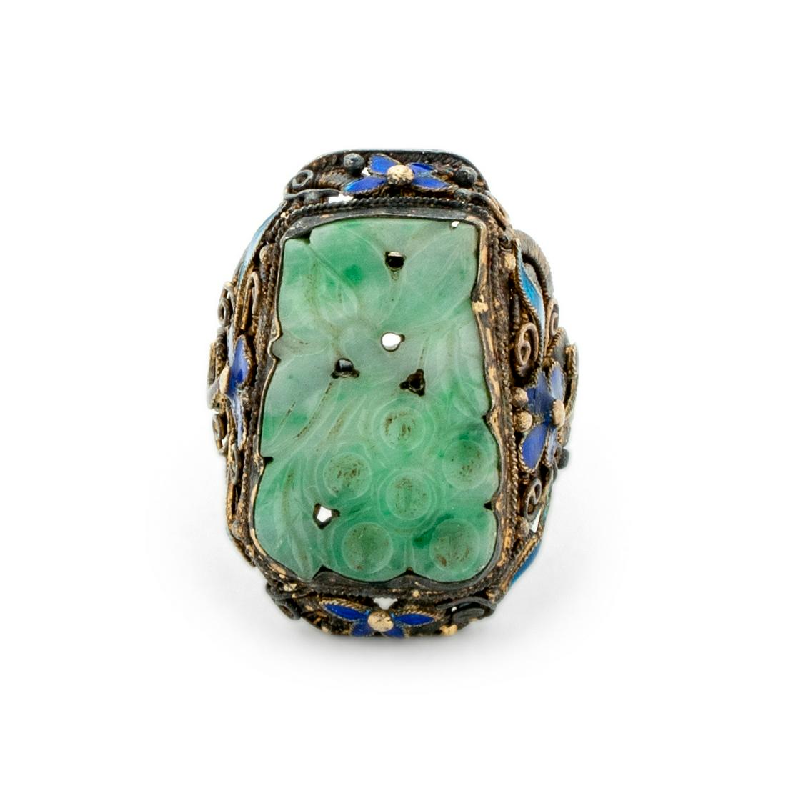 A Chinese Jadeite Inset Enamel on Silver Ring (1 of 3)