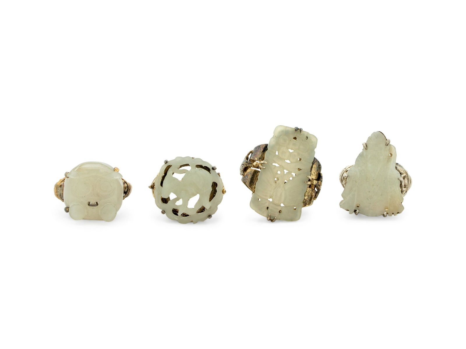 Four Chinese Jade Inset Gilt Silver Rings (1 of 2)