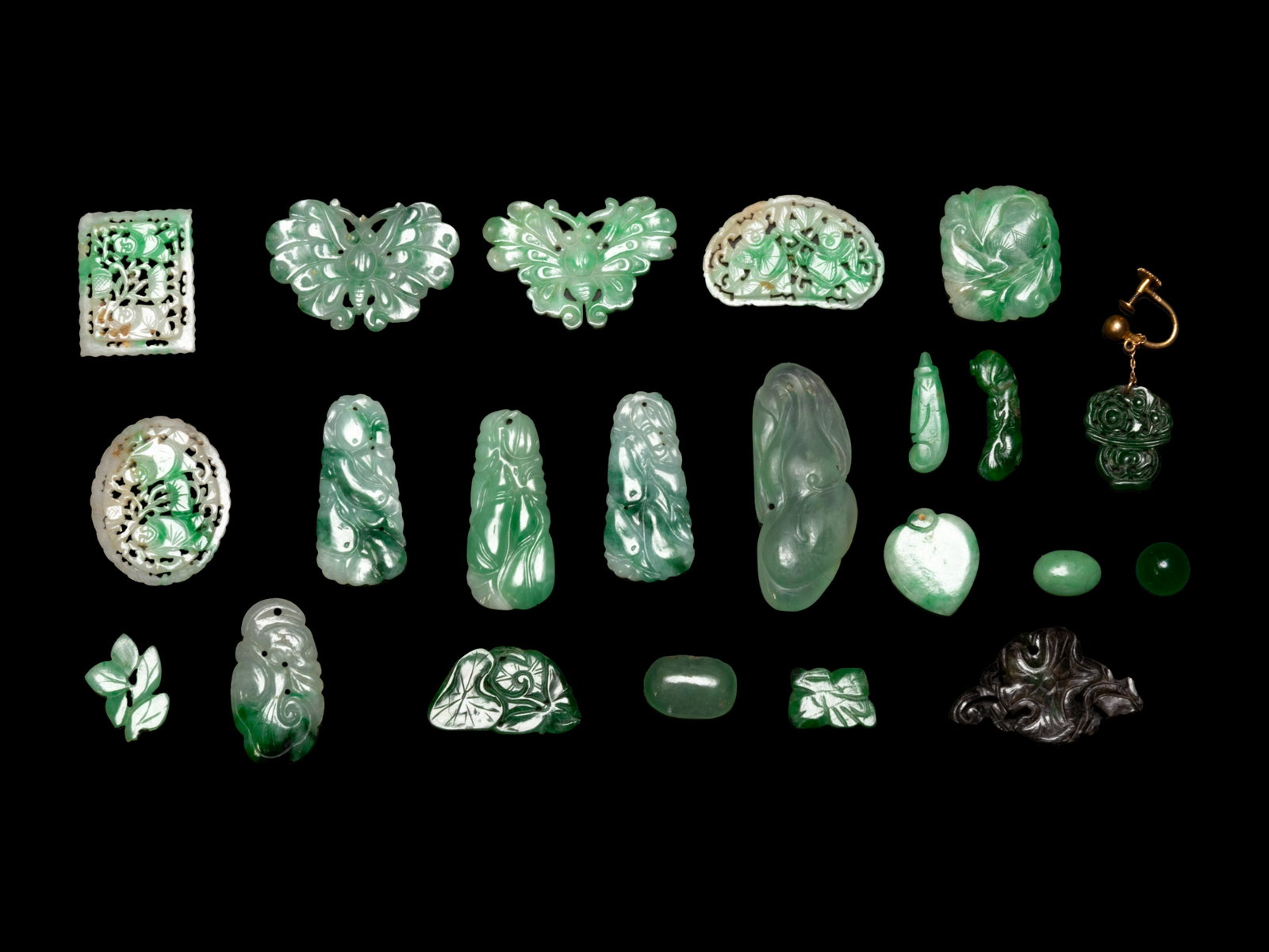 22 Chinese Jadeite, Hardstone and Glass Jewelry: 22 Chinese Jadeite, Hardstone and Glass Jewelry of various shapes and sizes. Length of longest 1 3/4 in., 4 cm. Property from a Private Chicago Collection