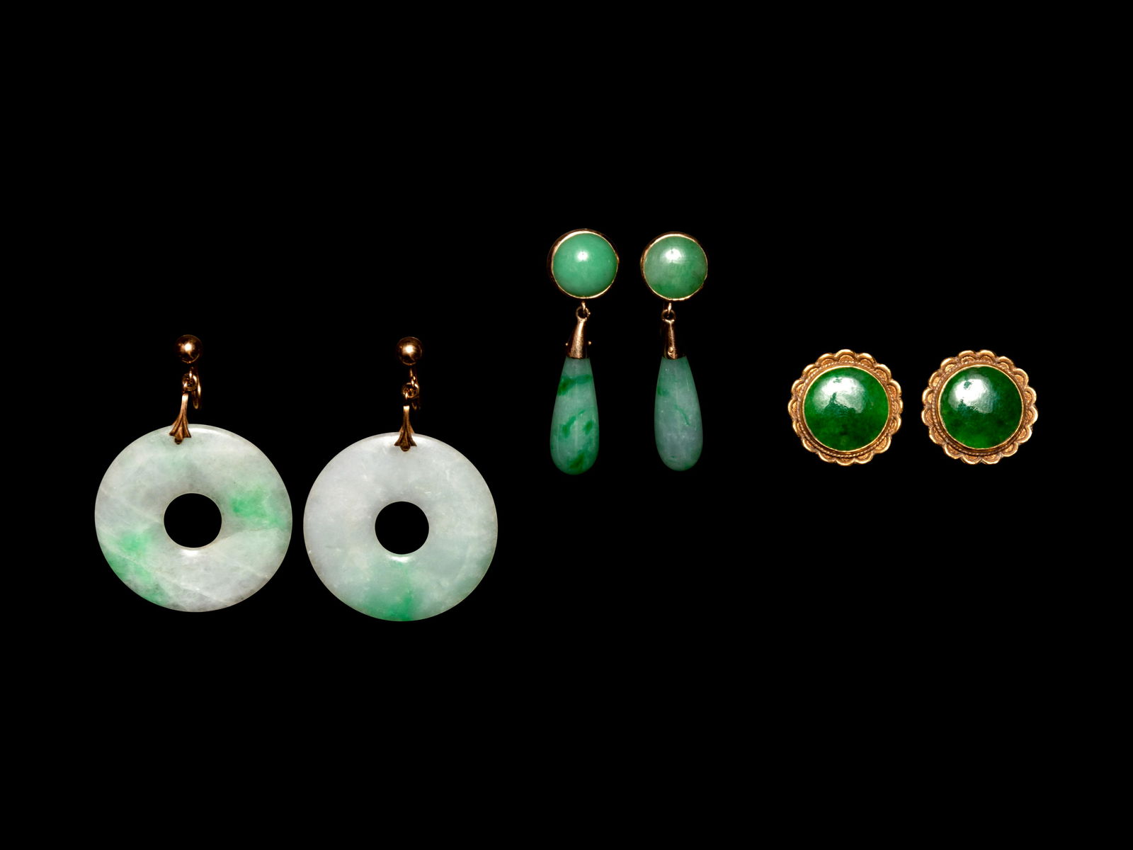 Three Pairs of Chinese Yellow Gold and Jadeite Earrings (1 of 1)