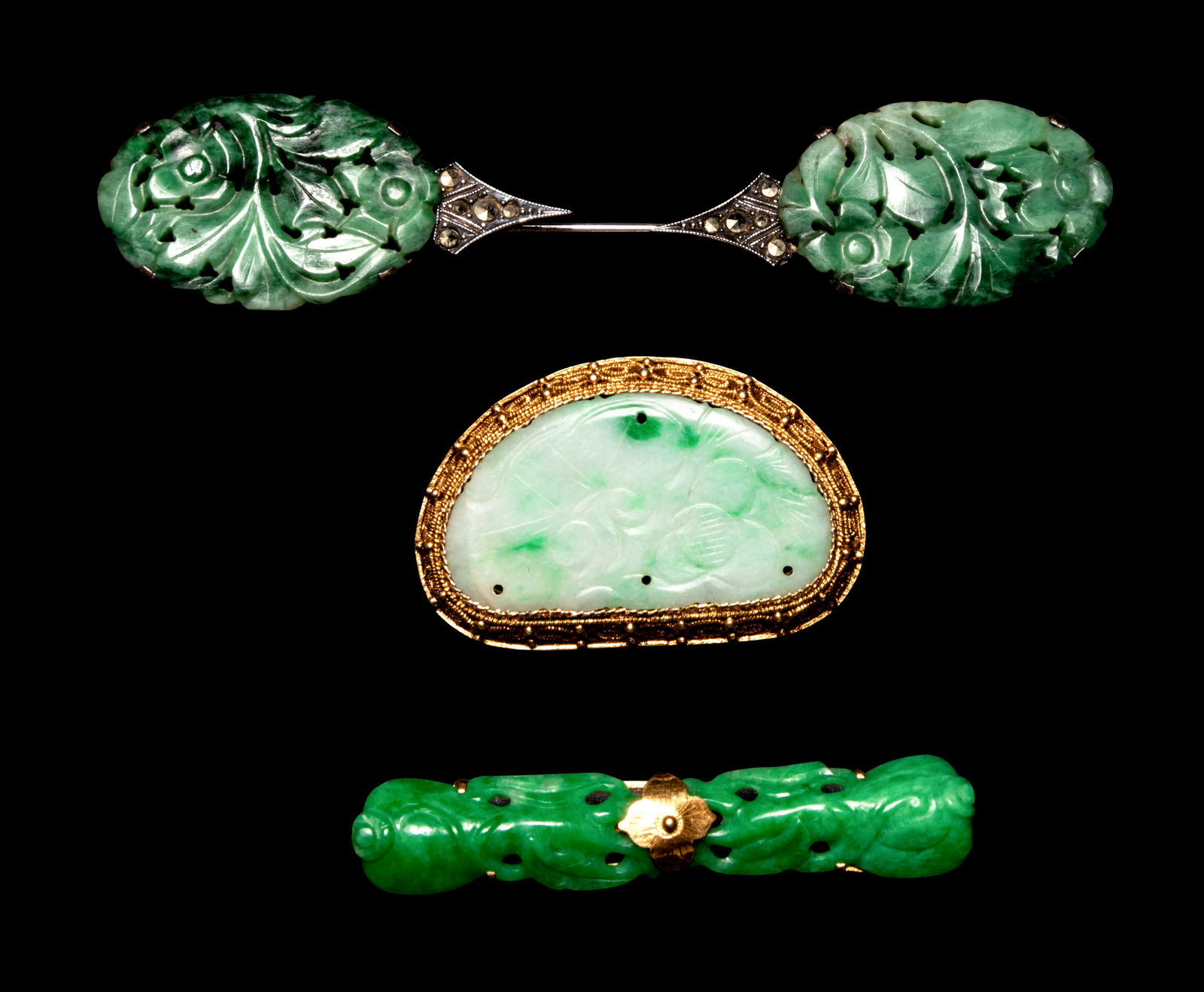 Three Chinese Silver Mounted Jadeite Brooches (1 of 2)