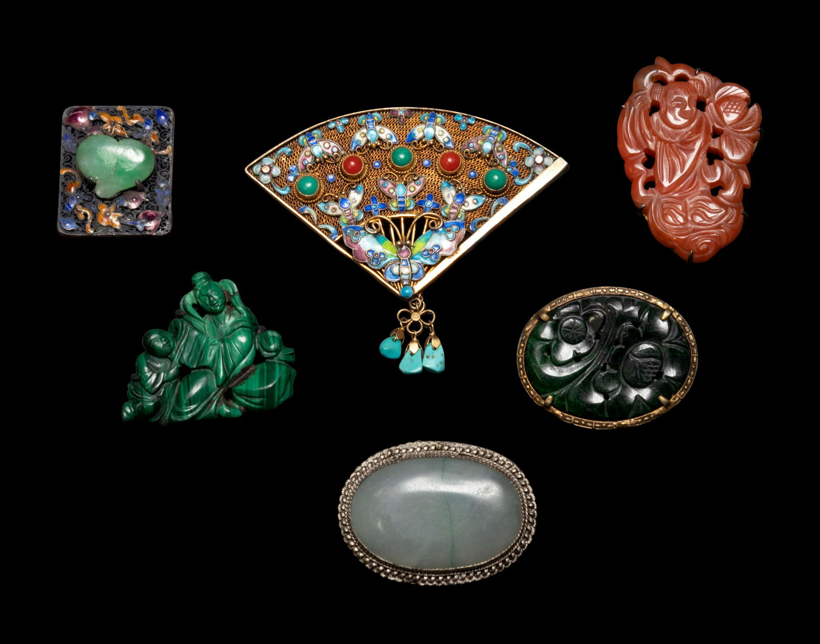 Seven Chinese Hardstone Inset Metal Jewelry (1 of 4)