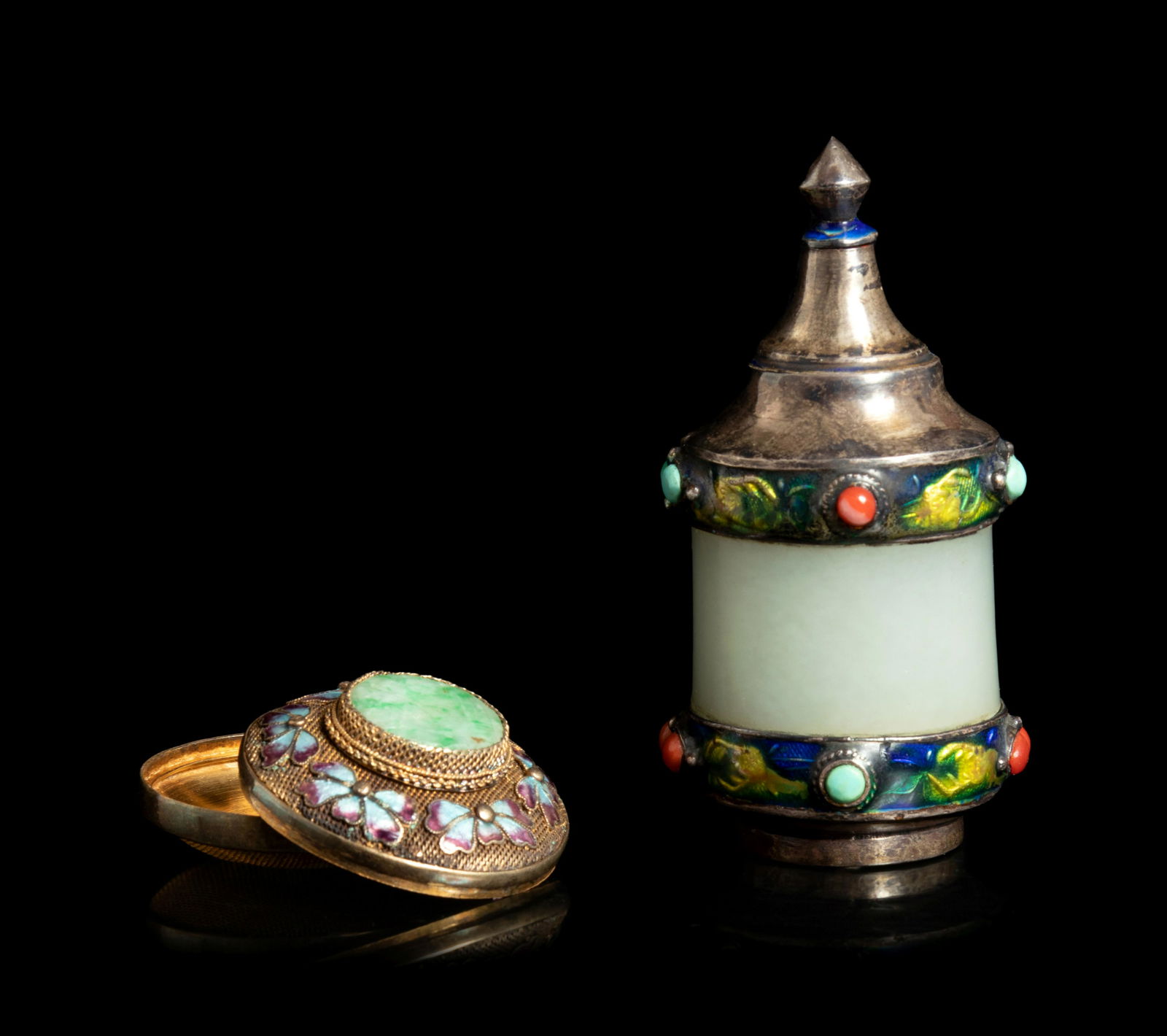 A Chinese Jade Mounted Silver Metal Snuff Bottle and A (1 of 2)