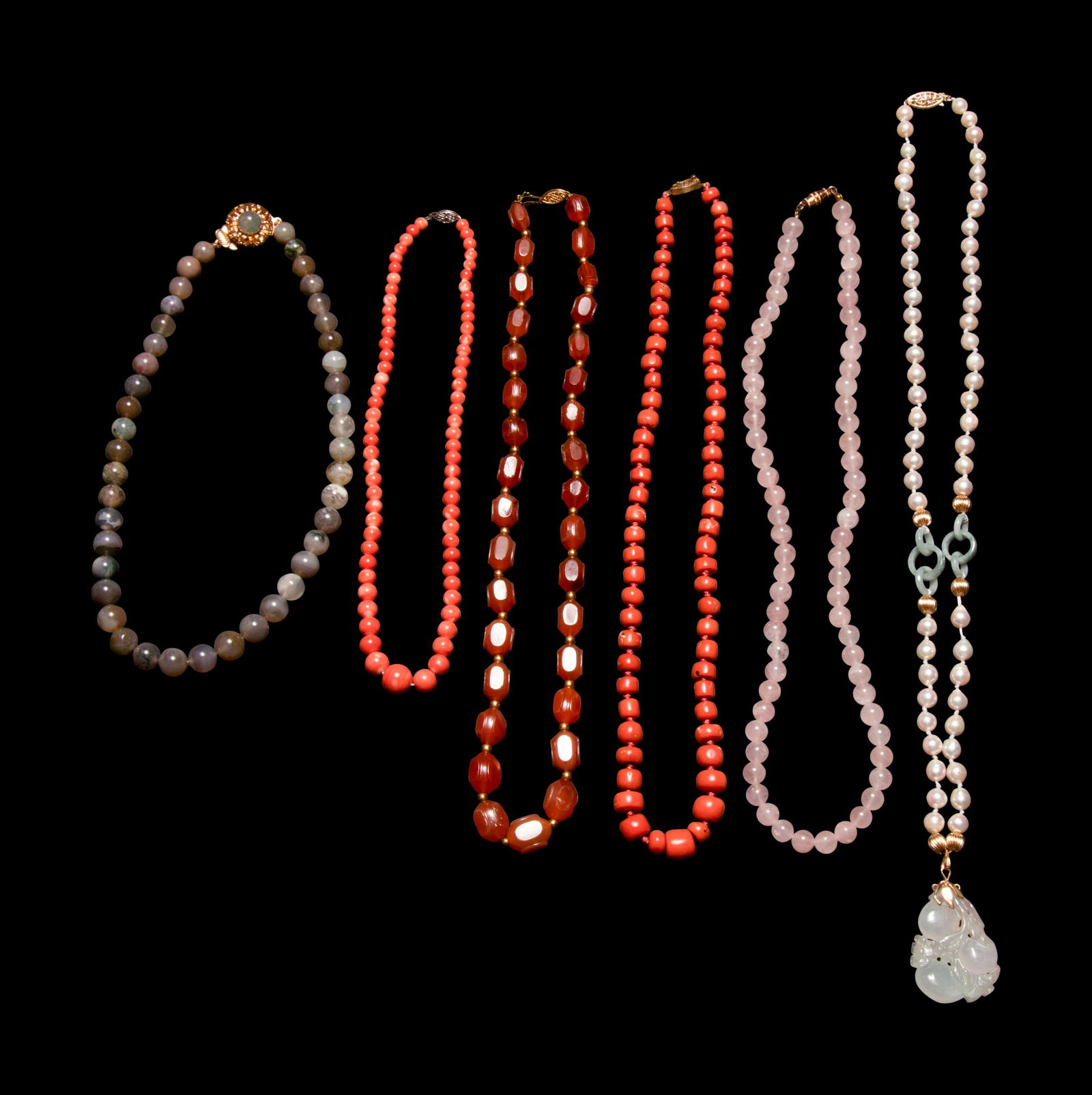 Six Chinese Gemstone and Hardstone Beaded Necklaces (1 of 2)