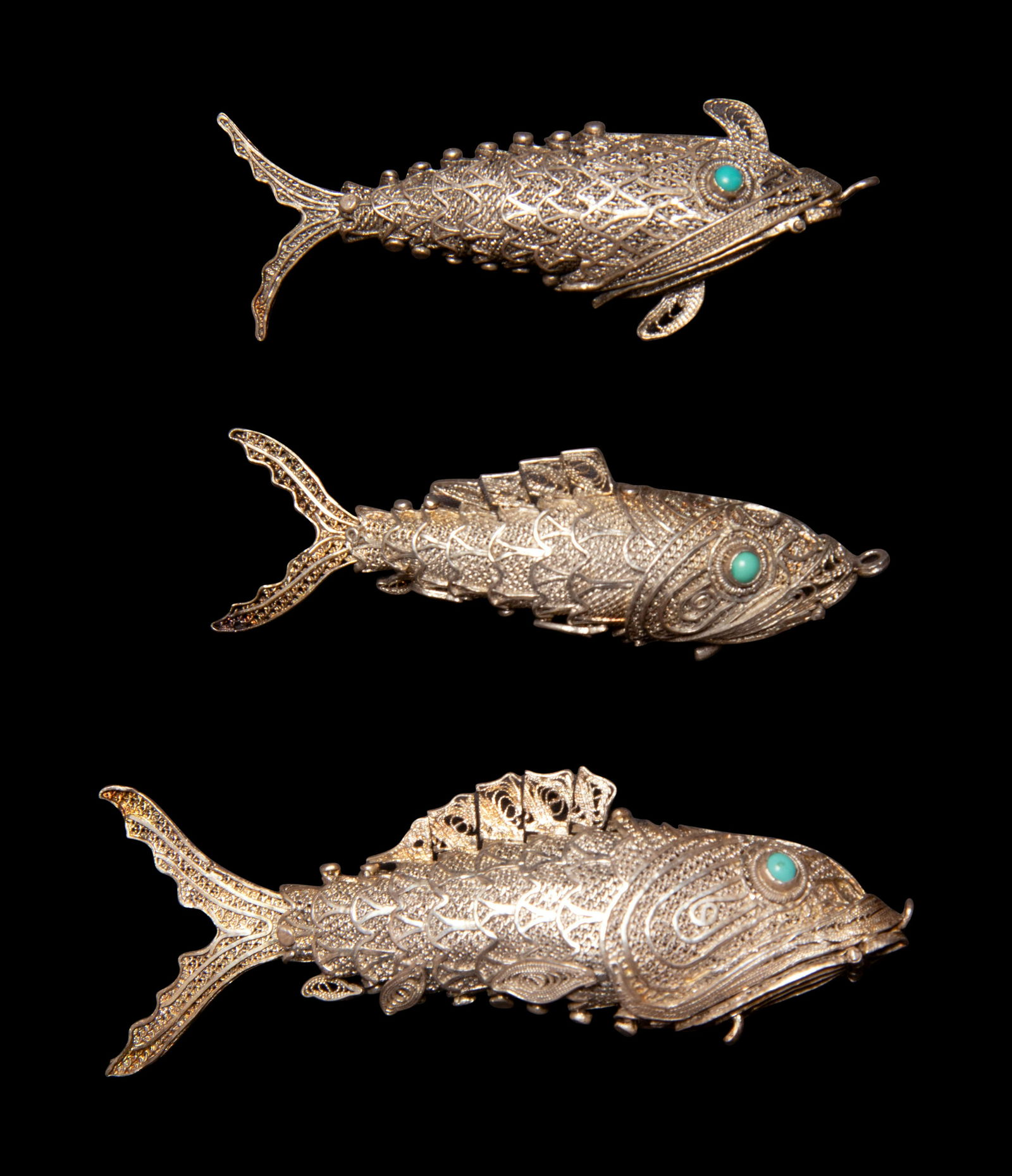 Three Chinese Reticulated Fish-Form Silver Parfumiers (1 of 2)