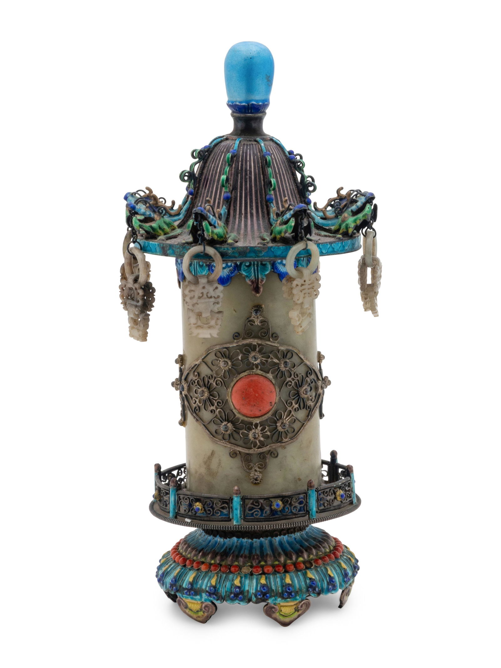 A Chinese Jade Inset Enamel on Silver Incense Burner (1 of 5)