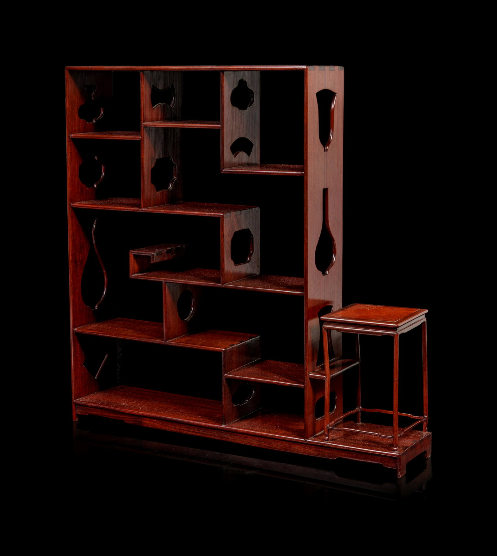 A Pair of Chinese Hardwood Displaying Cabinets: A Pair of Chinese Hardwood Displaying Cabinets Height 20 x width of widest 20 x depth 4 in., 50.8 x 50.8 x 10.1 cm. Property from a Private Chicago Estate