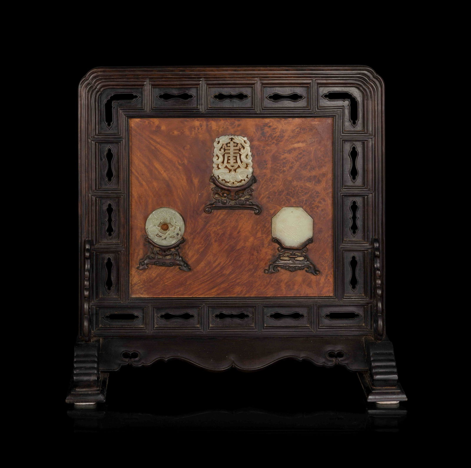 A Chinese Burlwood Inset Jade Inlaid Table Screen (1 of 3)