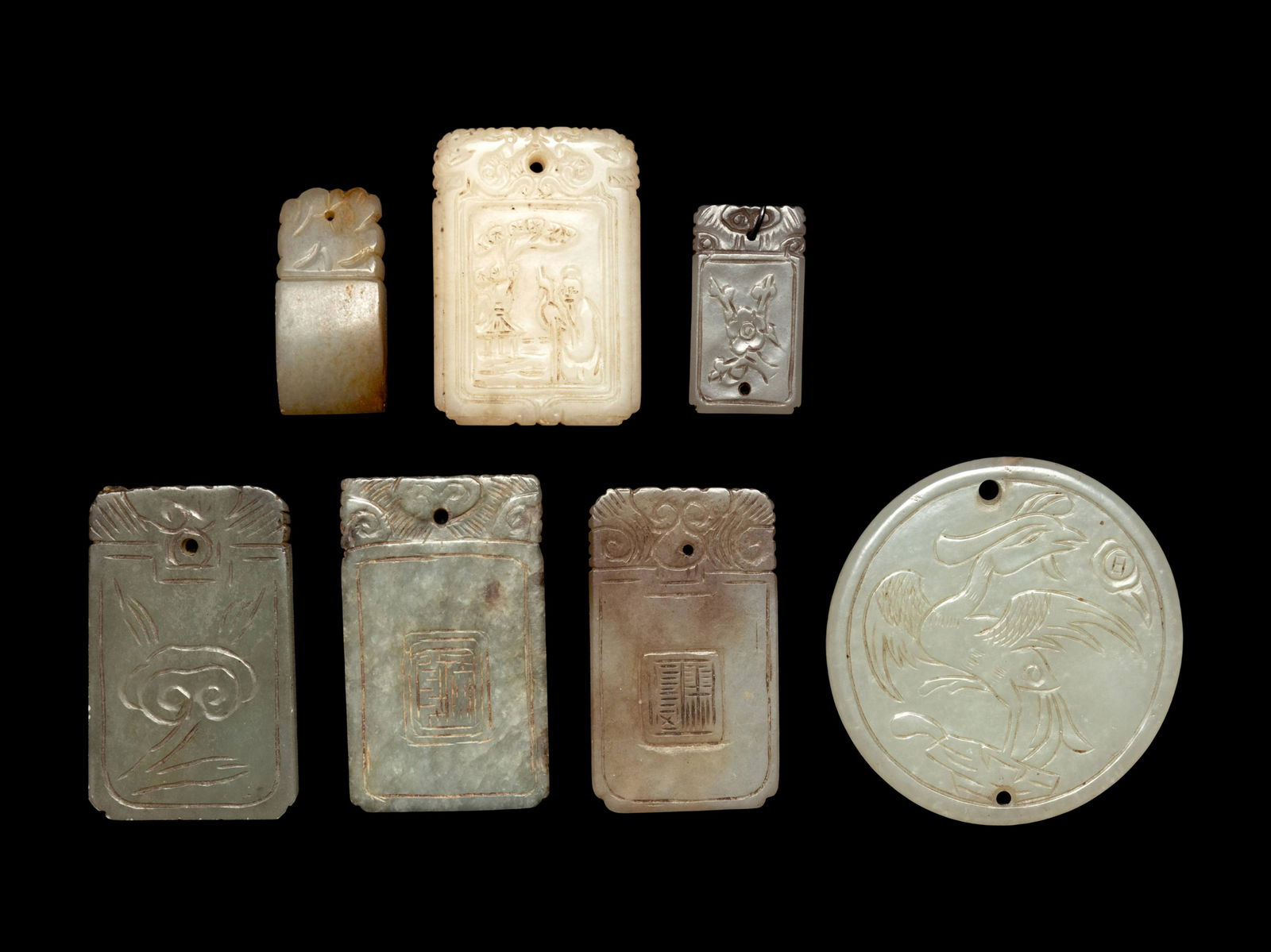 Seven Chinese White and Celadon Jade Carved Plaques (1 of 2)